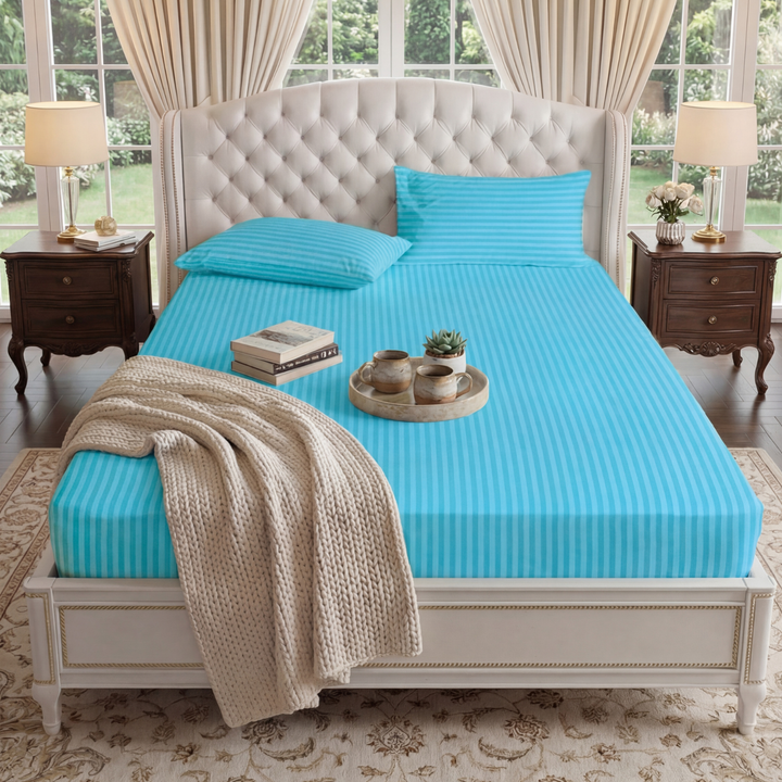 MINT stripe satin fitted bedsheet - (premium)