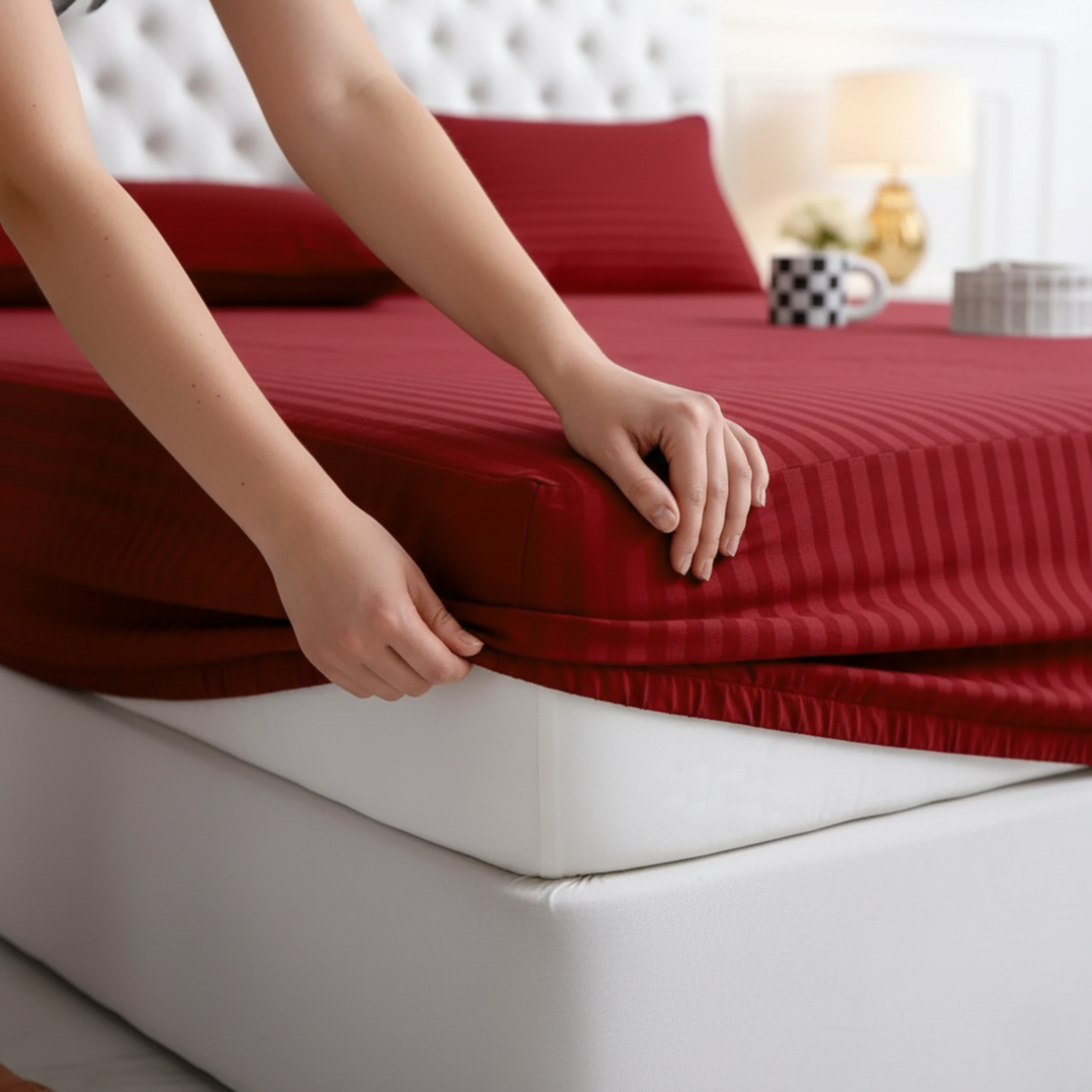 RED stripe satin fitted bedsheet - (premium)