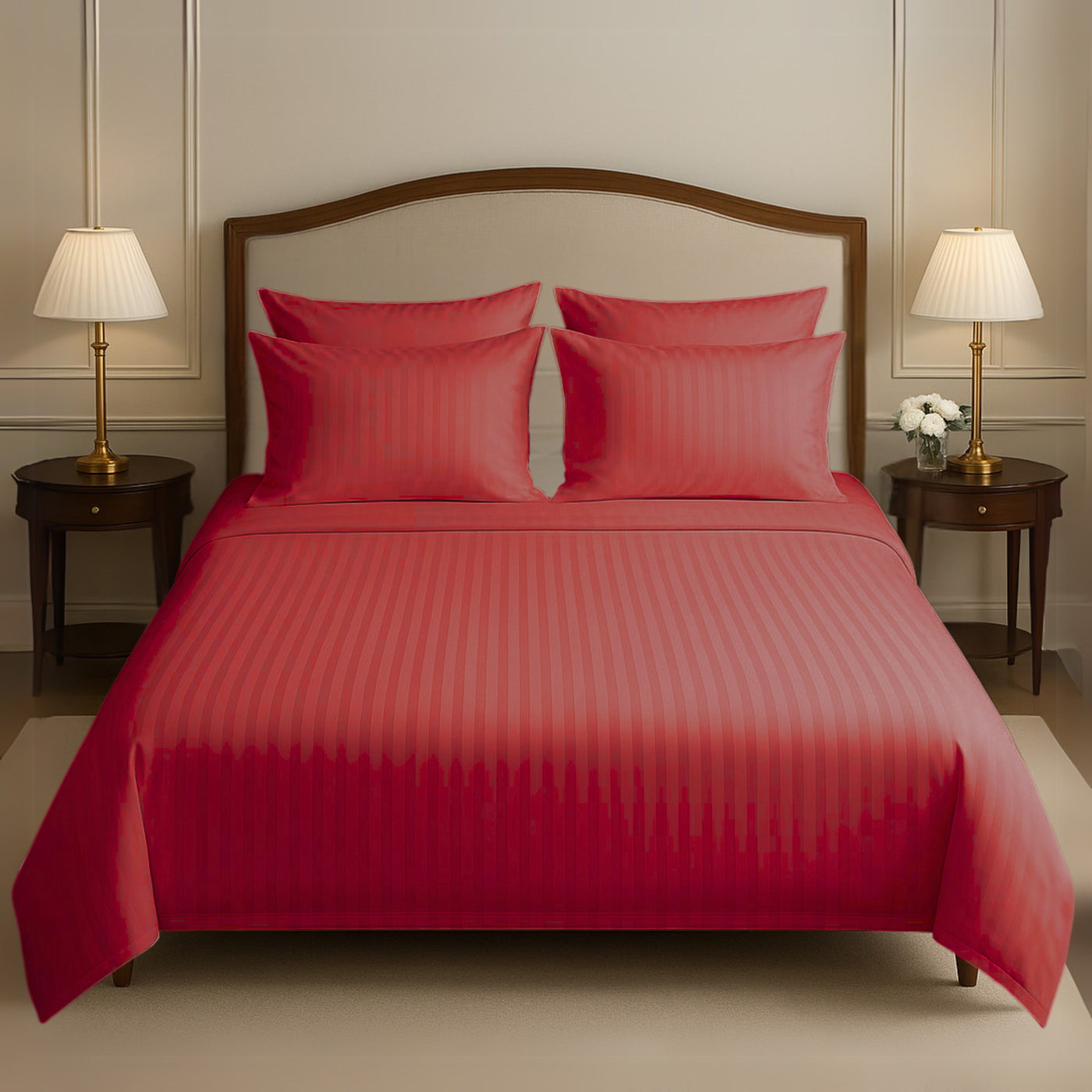 RED SATIN STRIPE BEDSHEET SET - 5 PCS