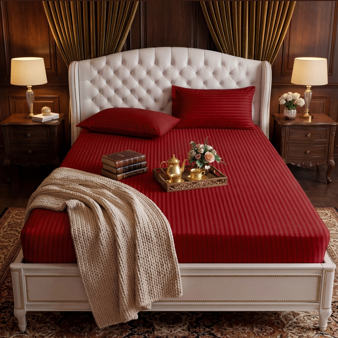 RED stripe satin fitted bedsheet - (premium)