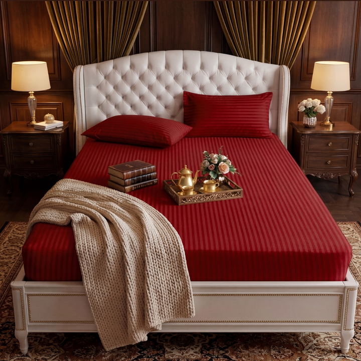 RED stripe satin fitted bedsheet - (premium)