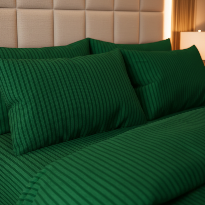GREEN SATIN STRIPE BEDSHEET SET - 5 PCS