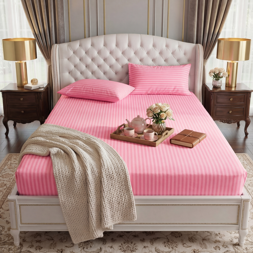 PINK stripe satin fitted bedsheet - (premium)