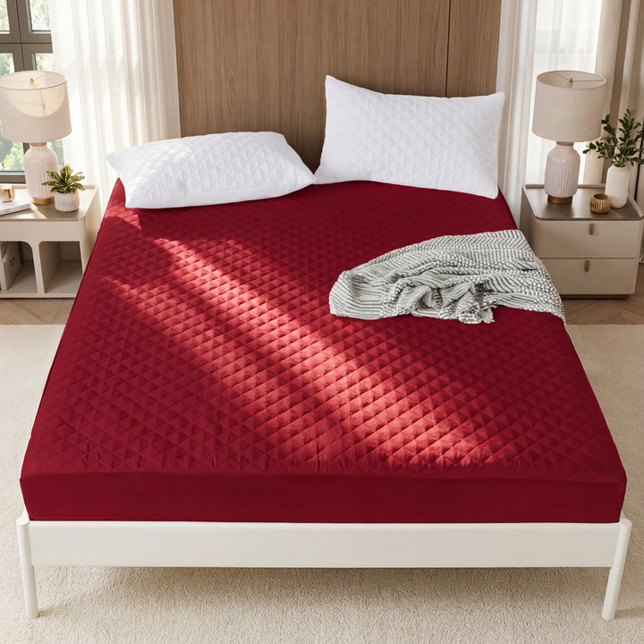 MAROON QUILTED WATERPROOF MATTRESS FITTED COVER