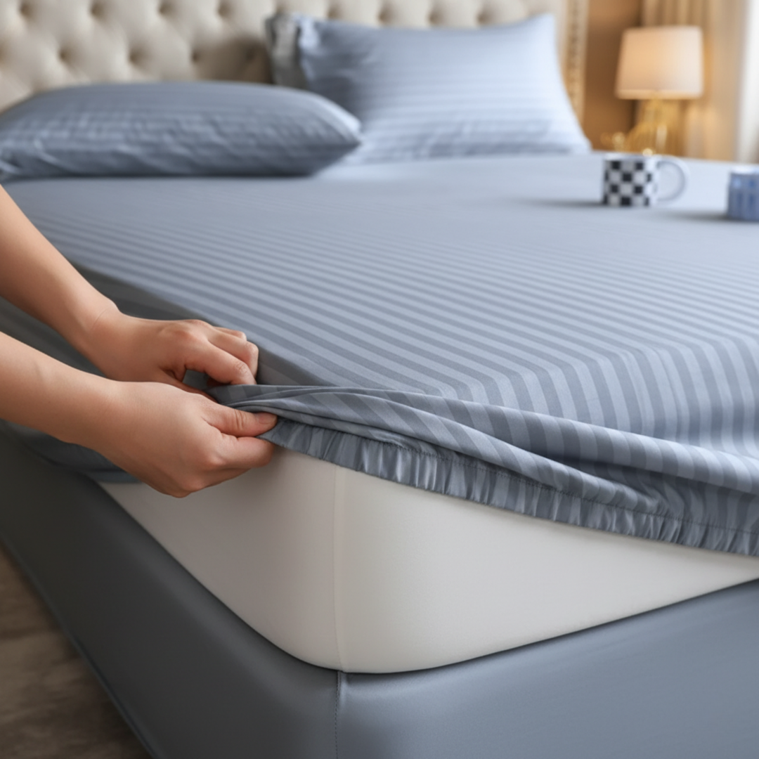 silver stripe satin fitted bedsheet - (premium)