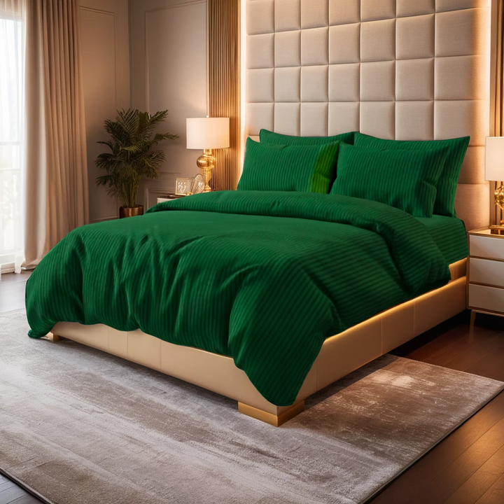 GREEN SATIN STRIPE BEDSHEET SET - 5 PCS