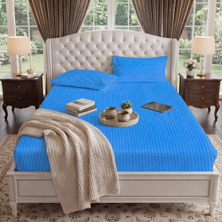 BLUE stripe satin fitted bedsheet - (premium)