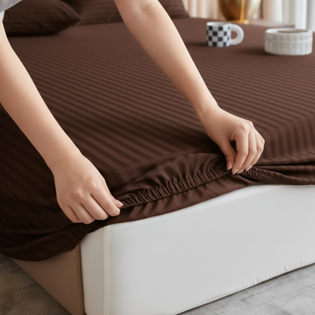 CHOCO stripe satin fitted bedsheet - (premium)