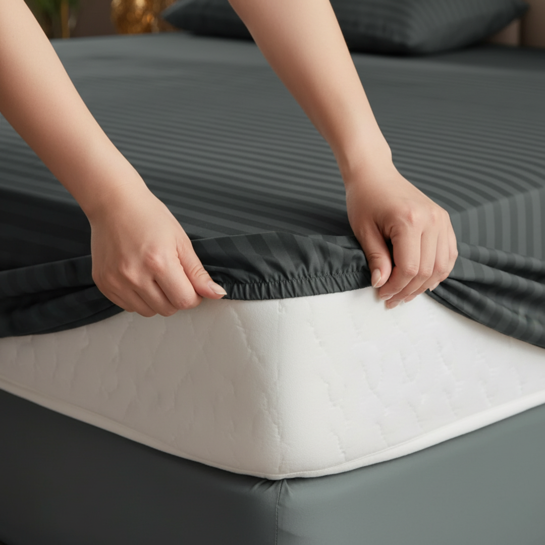 grey stripe satin fitted bedsheet - (premium)