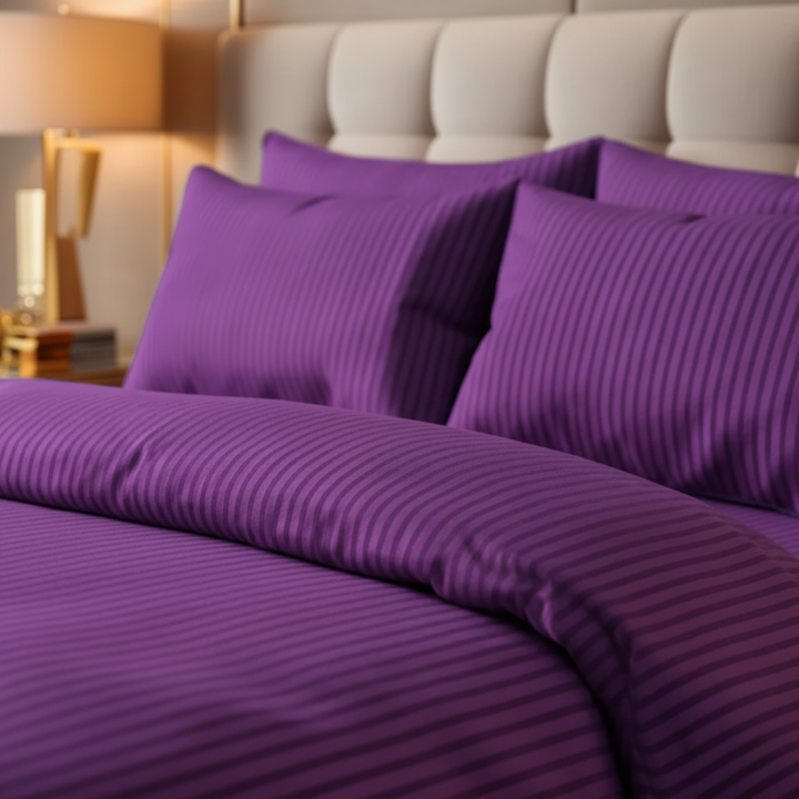 PURPLE SATIN STRIPE BEDSHEET SET - 5 PCS