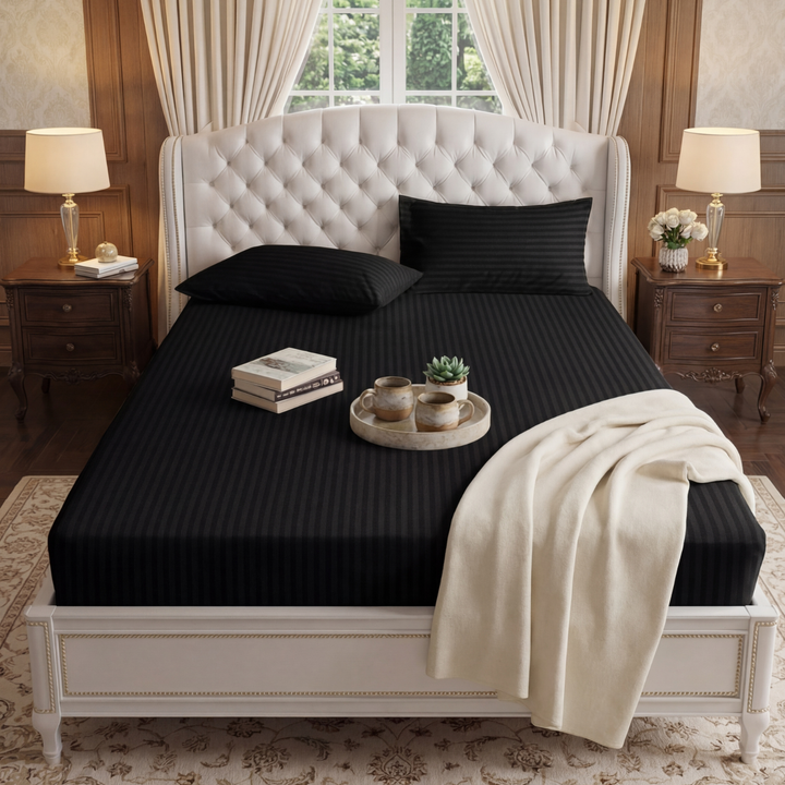 BLACK stripe satin fitted bedsheet - (premium)