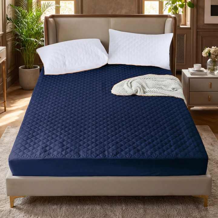 NAVY QUILTED WATERPROOF MATTRESS FITTED COVER