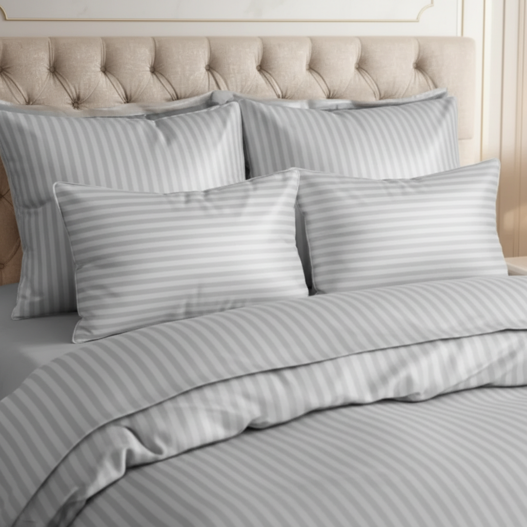 SILVER SATIN STRIPE DUVET COVERS SET 8 PCS