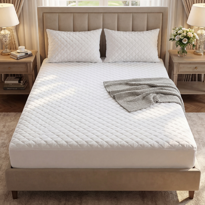 WHITE QUILTED WATERPROOF MATTRESS FITTED COVER