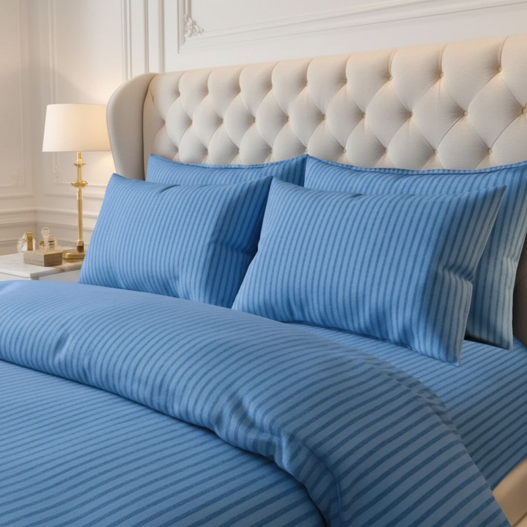 DUSTY BLUE SATIN STRIPE BEDSHEET SET - 5 PCS
