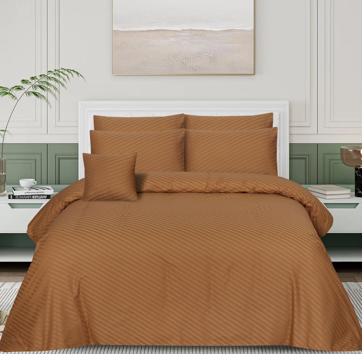 DIAGONAL STRIPES L.BROWN BEDSHEET SET - 6 PCS (SATIN)