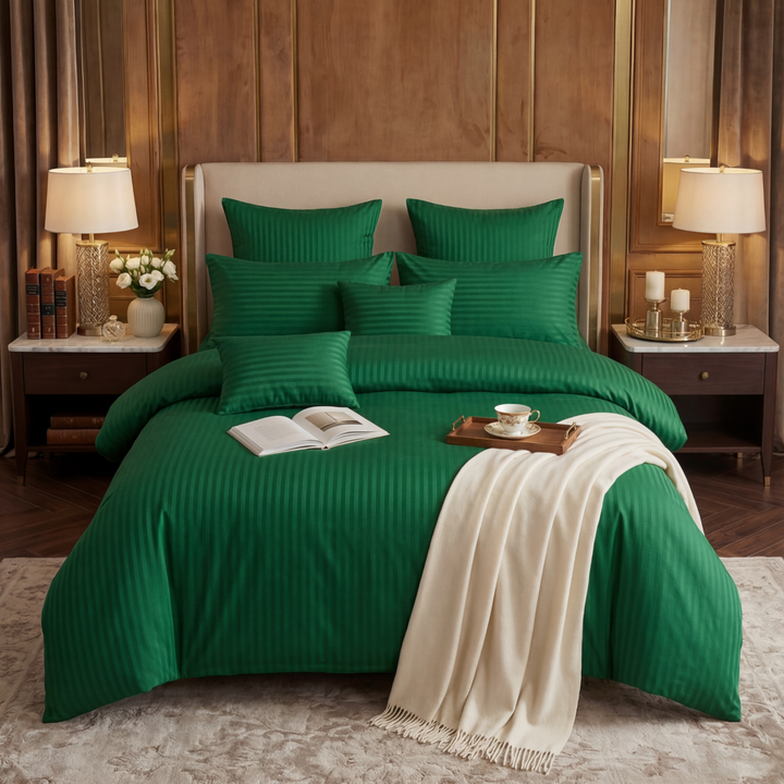 GREEN SATIN STRIPE DUVET COVERS SET 8 PCS