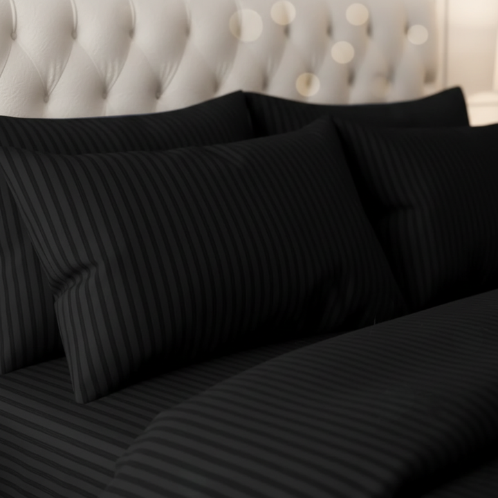BLACK SATIN STRIPE BEDSHEET SET - 5 PCS