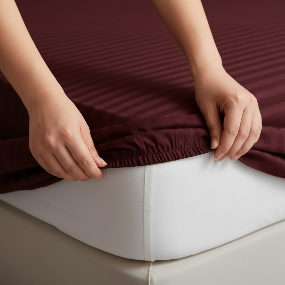 MAROON stripe satin fitted bedsheet - (premium)