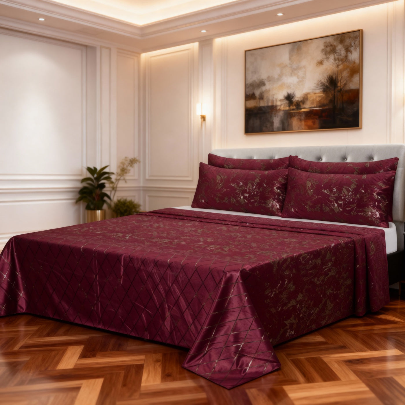 MILITARY/MAROON VELVET BEDSHEET SET - 5 PCS