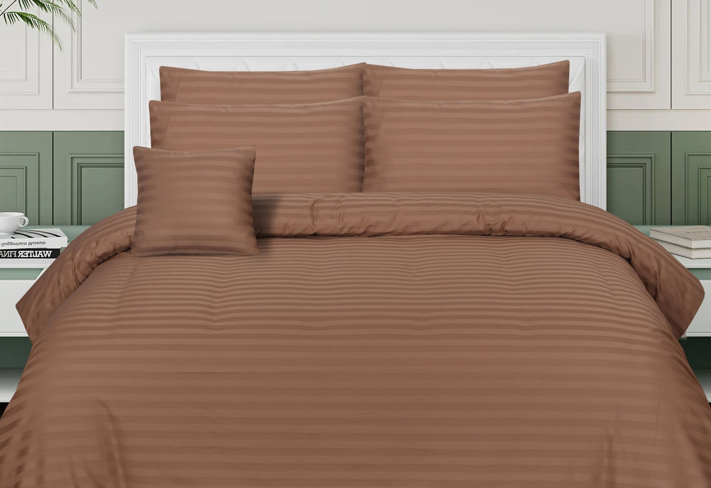 SMALL STRIPES BROWN BEDSHEET SET - 6 PCS (SATIN)