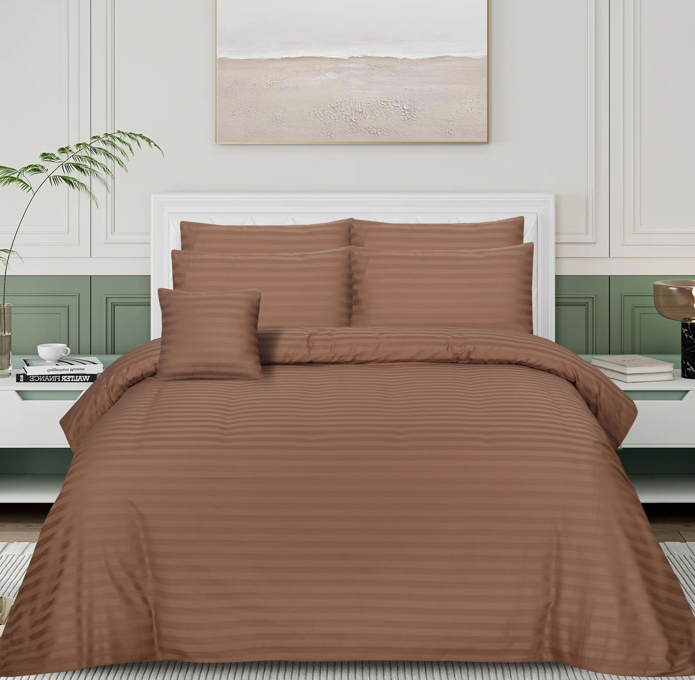 SMALL STRIPES BROWN BEDSHEET SET - 6 PCS (SATIN)