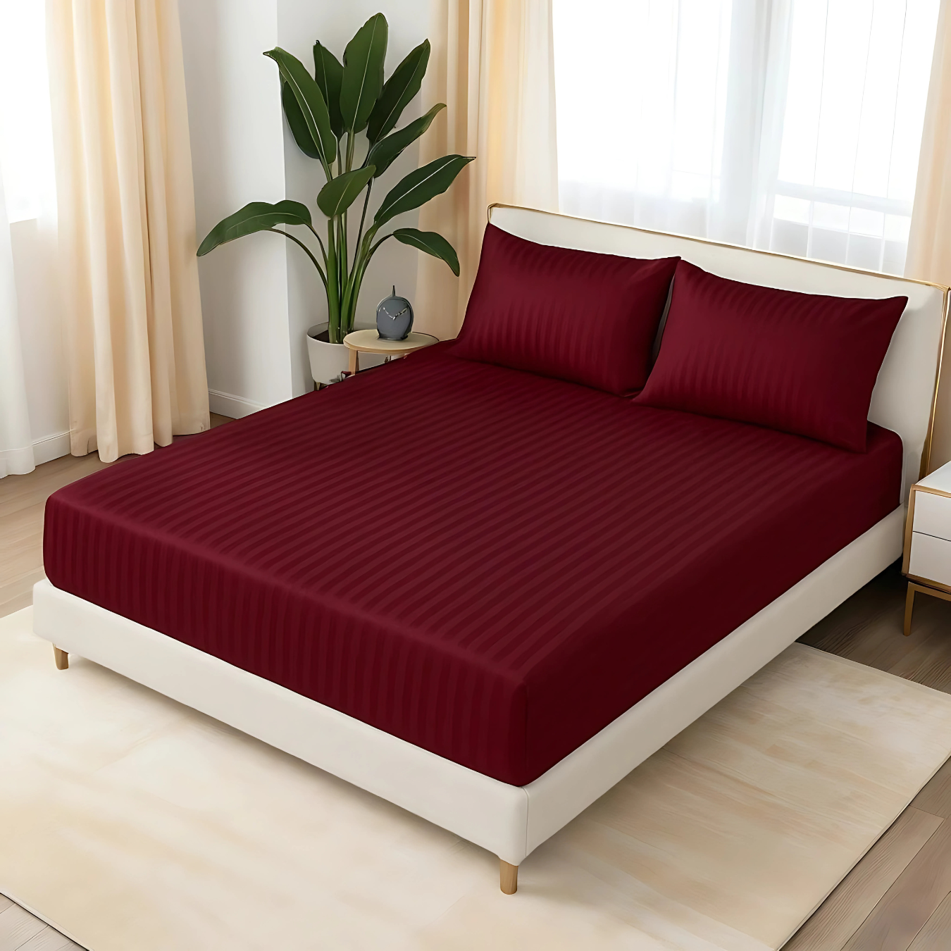 MAROON stripe satin fitted bedsheet - (premium)
