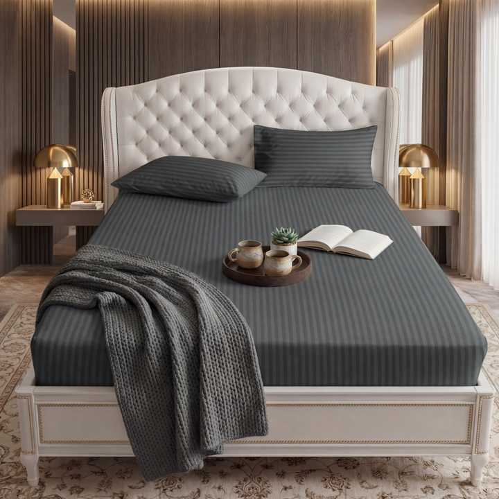grey stripe satin fitted bedsheet - (premium)