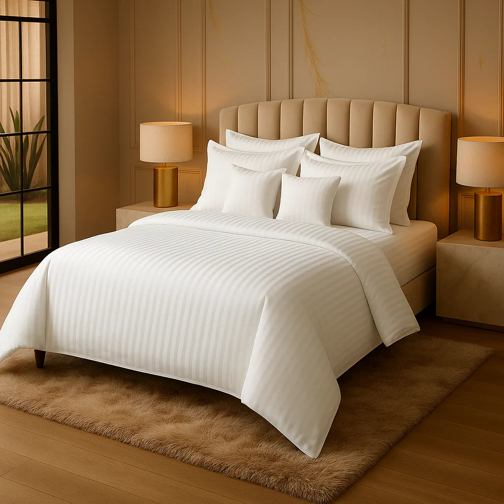 IVORY SATIN STRIPE DUVET COVERS SET 8 PCS