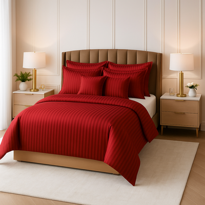 RED SATIN STRIPE DUVET COVERS SET 8 PCS