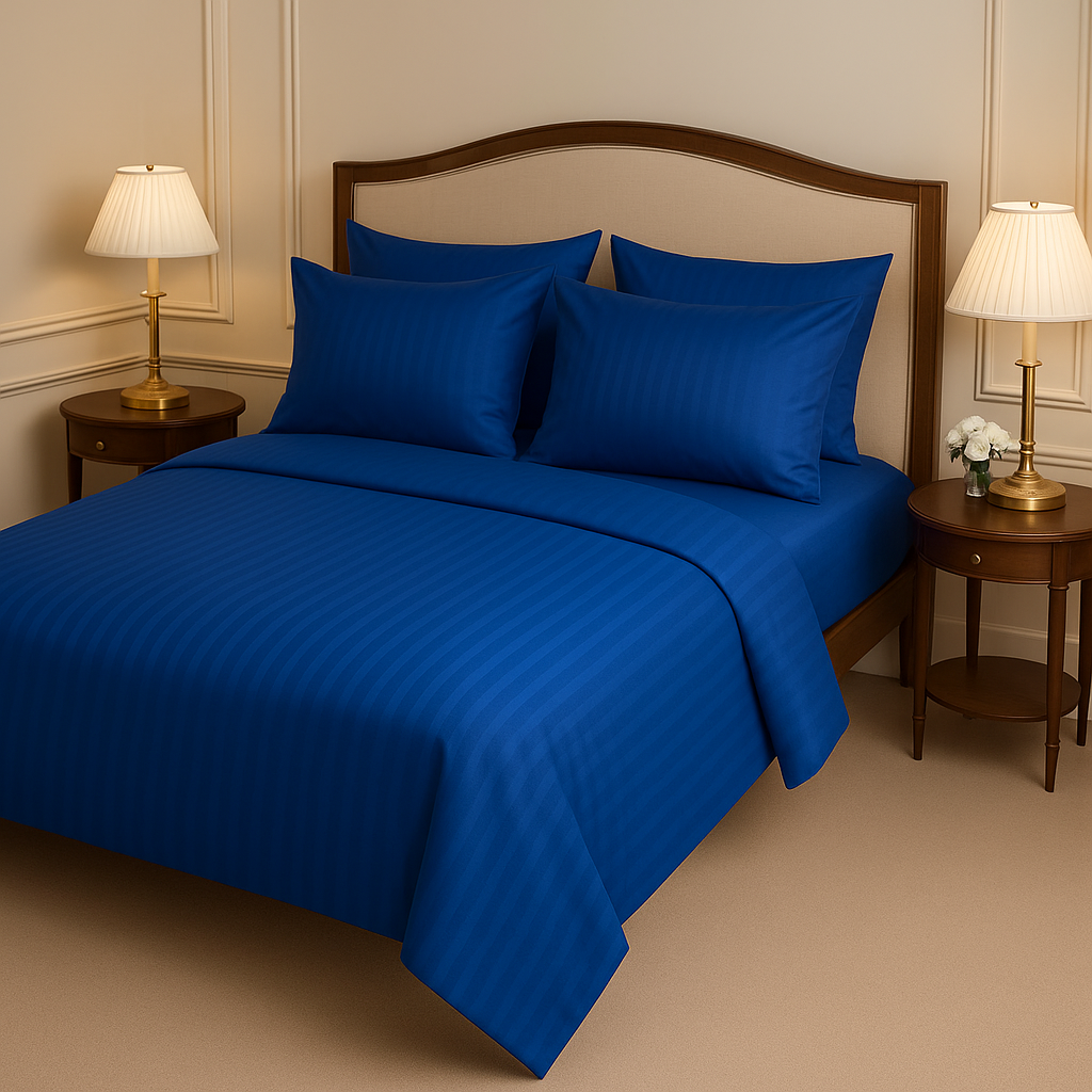 NAVY SATIN STRIPE BEDSHEET SET - 5 PCS