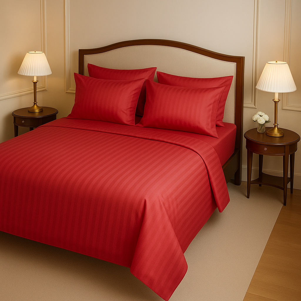 RED SATIN STRIPE BEDSHEET SET - 5 PCS
