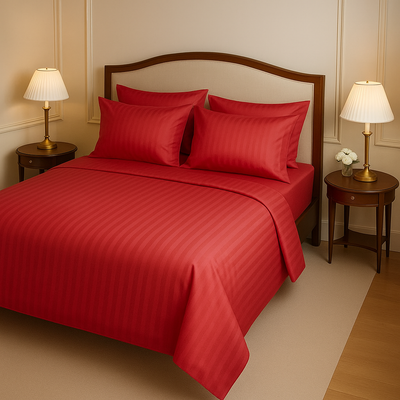 RED SATIN STRIPE BEDSHEET SET - 5 PCS