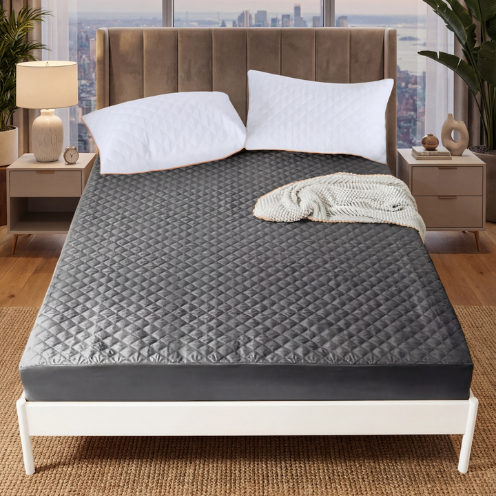 GREY QUILTED WATERPROOF MATTRESS FITTED COVER