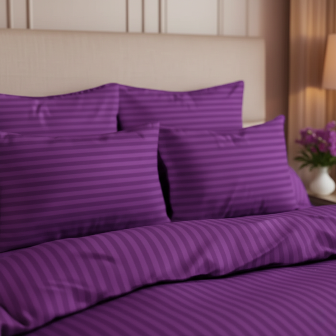 PURPLE SATIN STRIPE DUVET COVERS SET 8 PCS