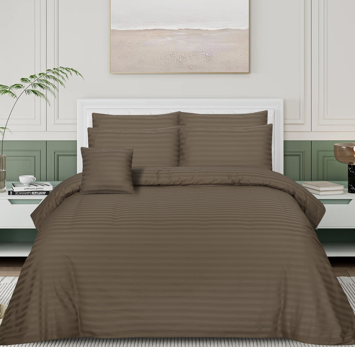SMALL STRIPES D.BROWN BEDSHEET SET - 6 PCS (SATIN)