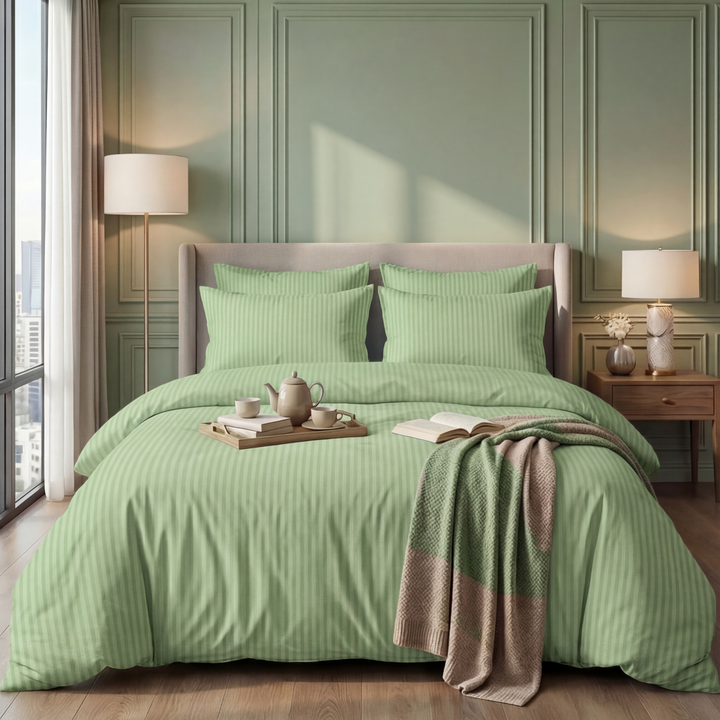 SEA GREEN SATIN STRIPE BEDSHEET SET - 5 PCS