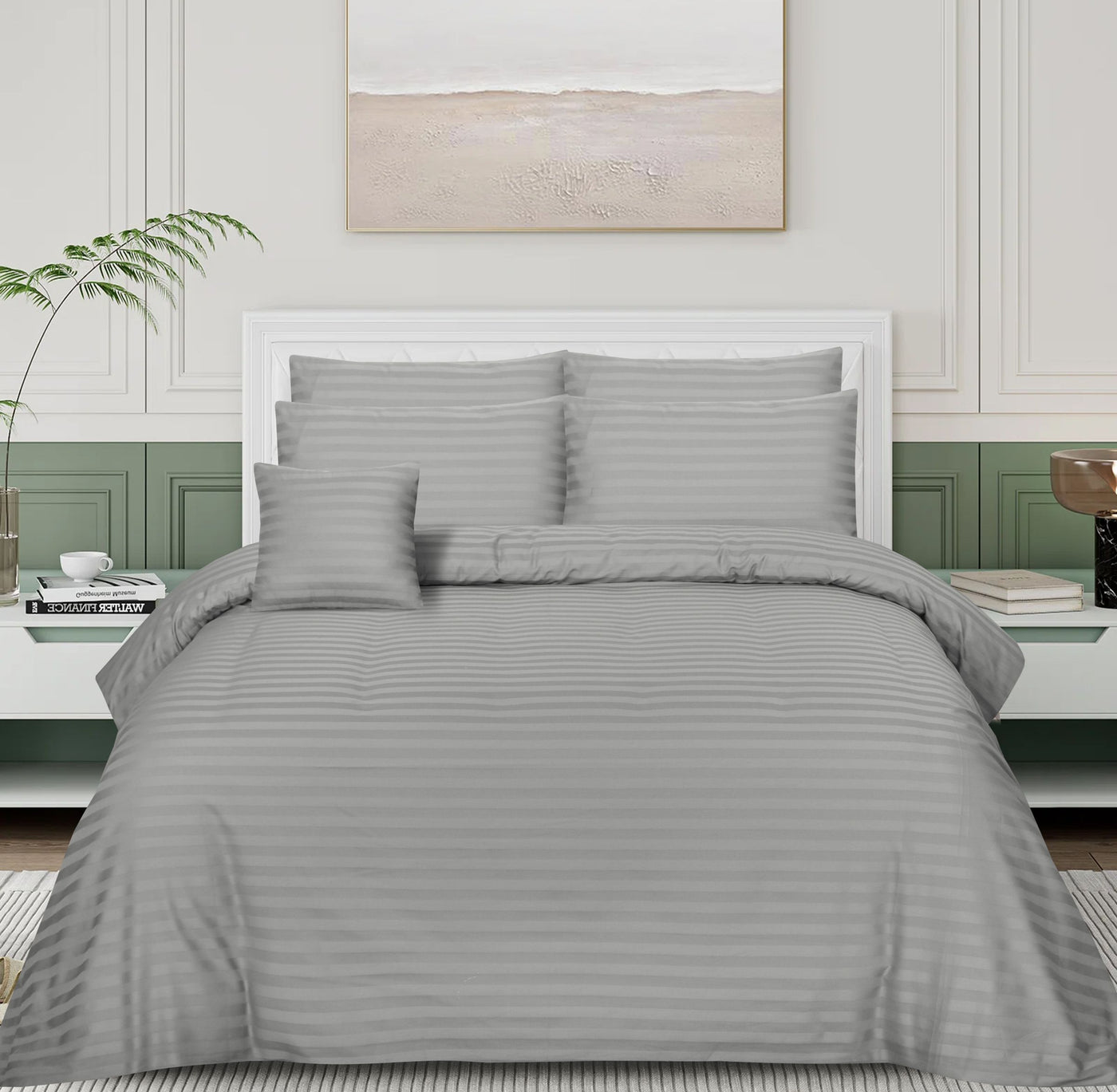 SMALL STRIPES GREY BEDSHEET SET - 6 PCS (SATIN)