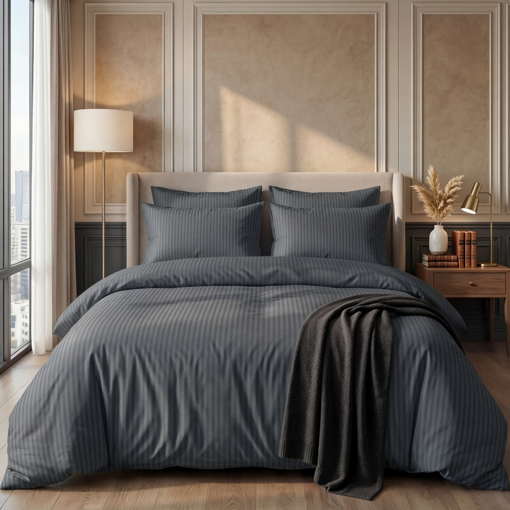 GREY SATIN STRIPE BEDSHEET SET - 5 PCS
