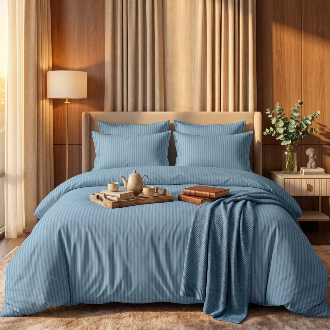SKY BLUE SATIN STRIPE BEDSHEET SET - 5 PCS