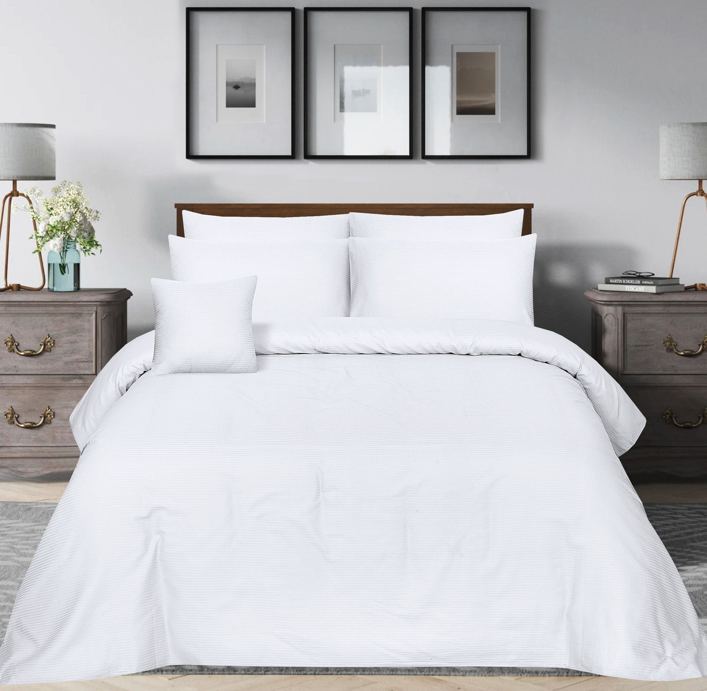 SMALL STRIPES WHITE BEDSHEET SET - 6 PCS (SATIN)
