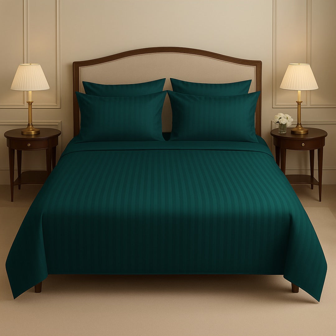 OLIVE GREEN SATIN STRIPE BEDSHEET SET - 5 PCS