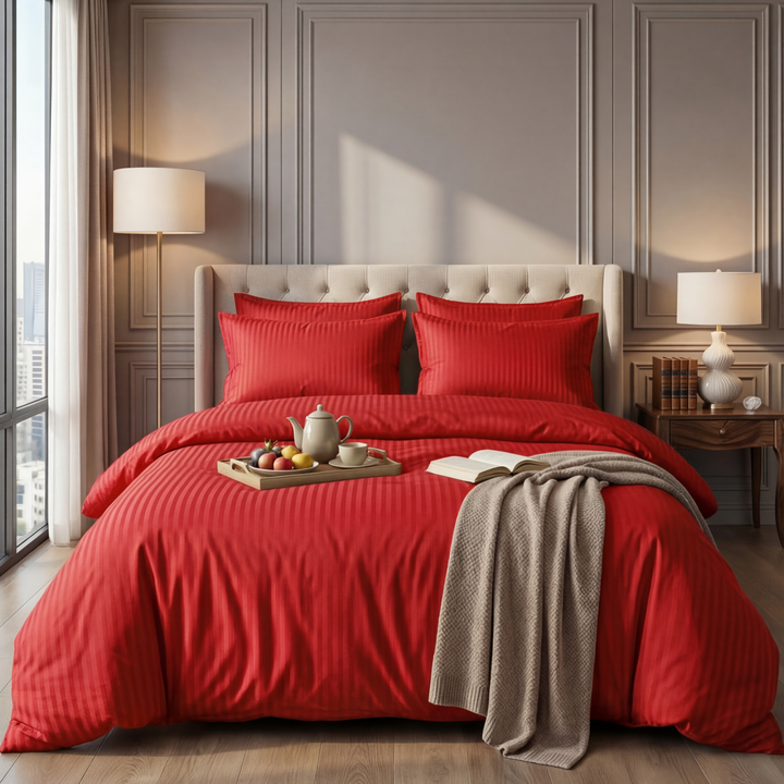 RED SATIN STRIPE BEDSHEET SET - 5 PCS