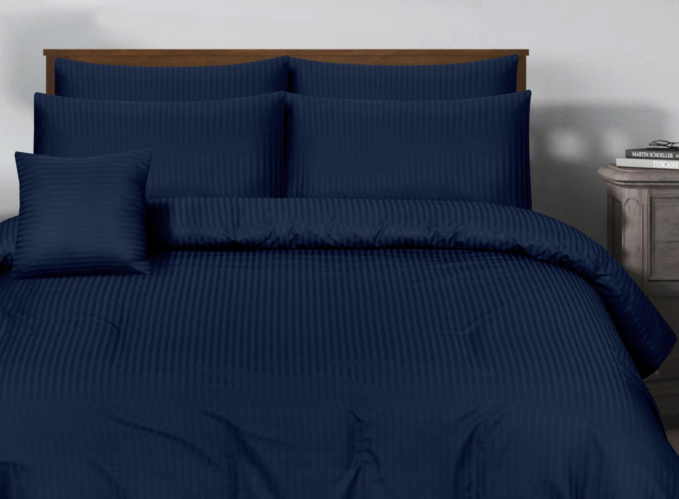 SMALL STRIPES NAVY BLUE  BEDSHEET SET - 6 PCS (SATIN)