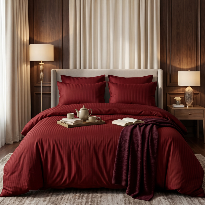MAROON SATIN STRIPE BEDSHEET SET - 5 PCS