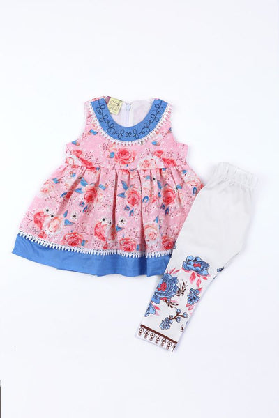 FLORAL COTTON EMBROIDED FROCK SET BLUE