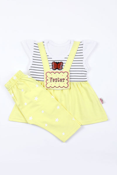 COTTON BUTTERFLY LINED FROCK SET YELLOW