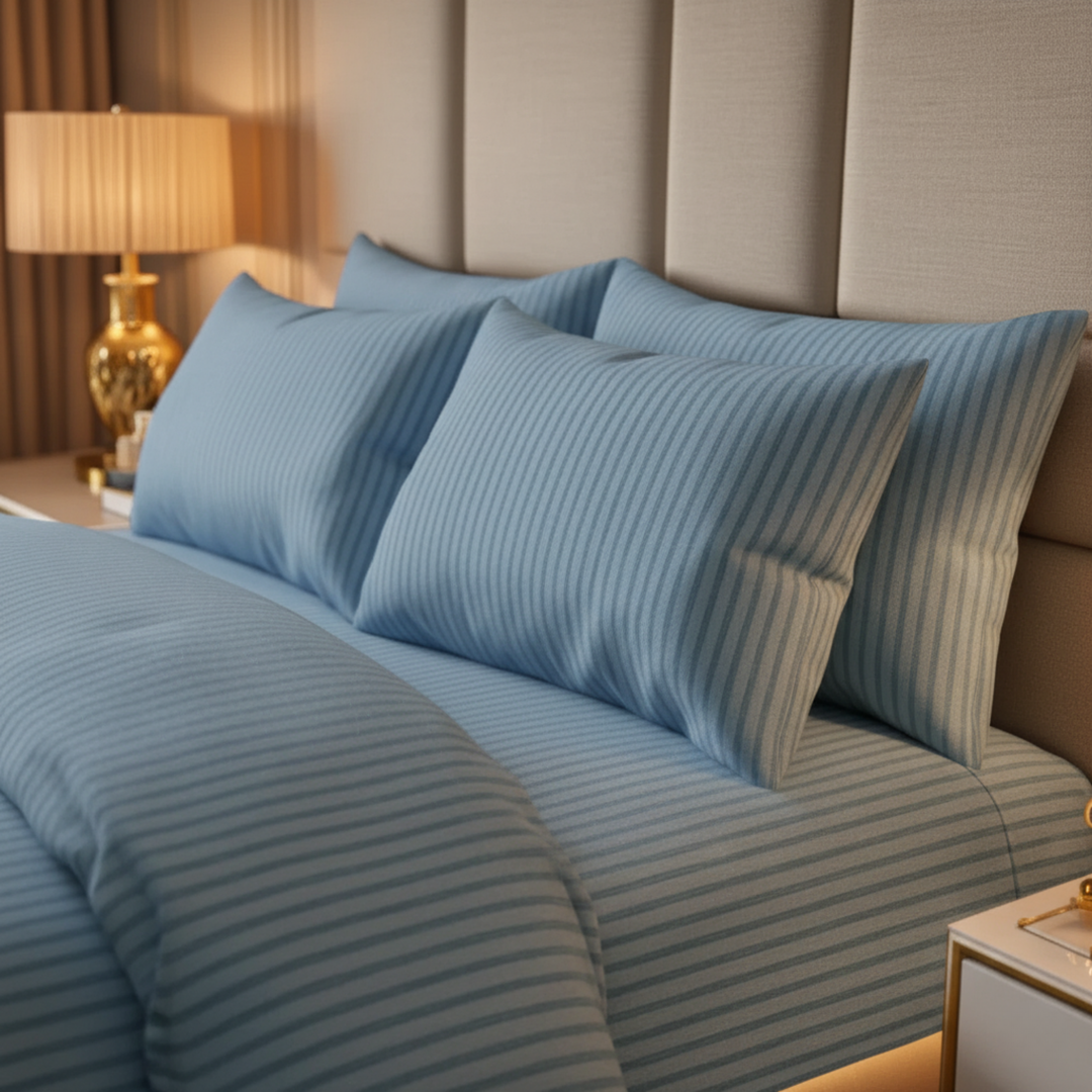 SILVER SATIN STRIPE BEDSHEET SET - 5 PCS