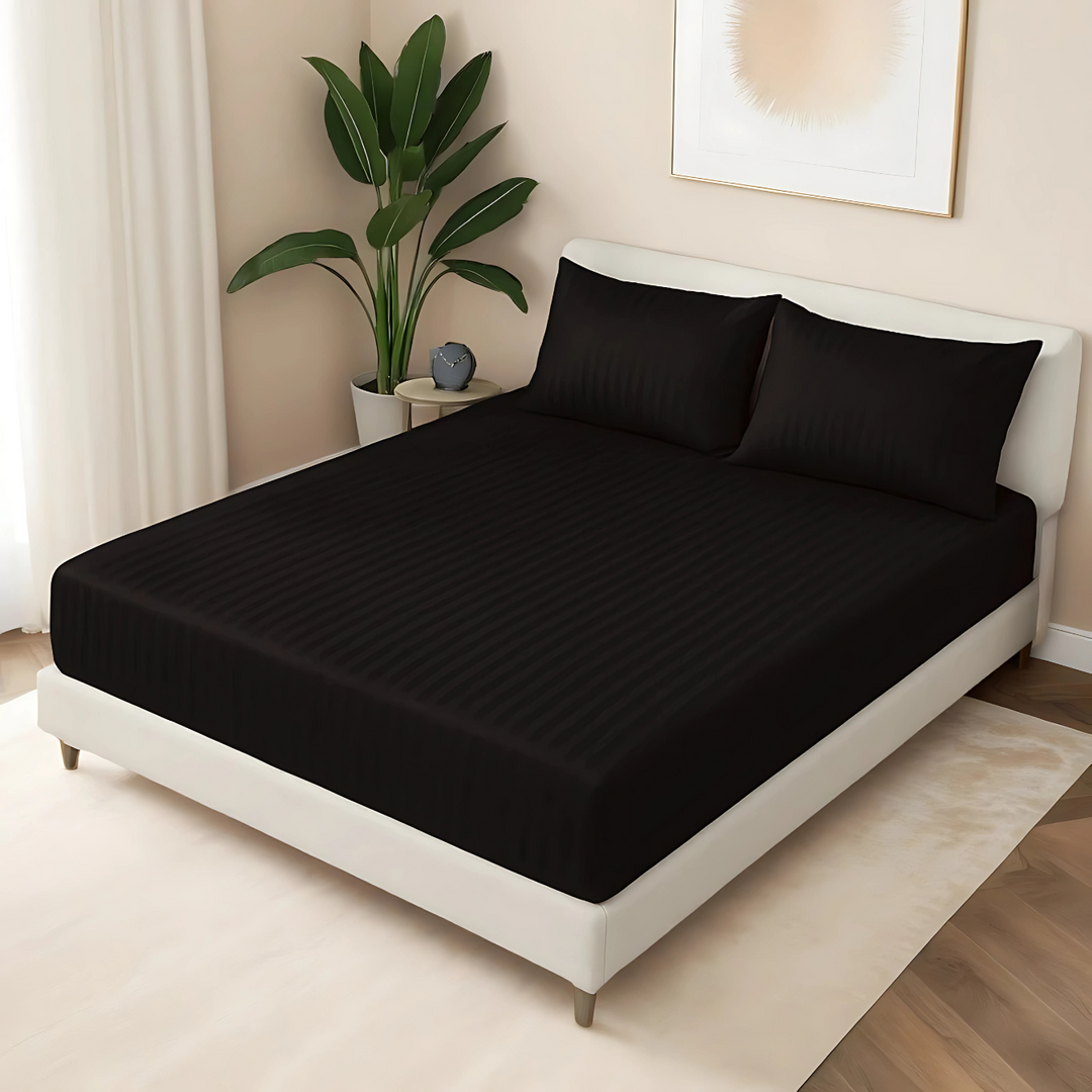 BLACK stripe satin fitted bedsheet - (premium)