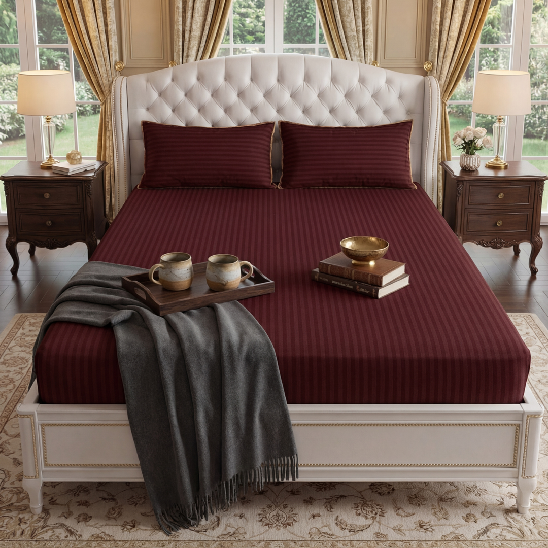 MAROON stripe satin fitted bedsheet - (premium)